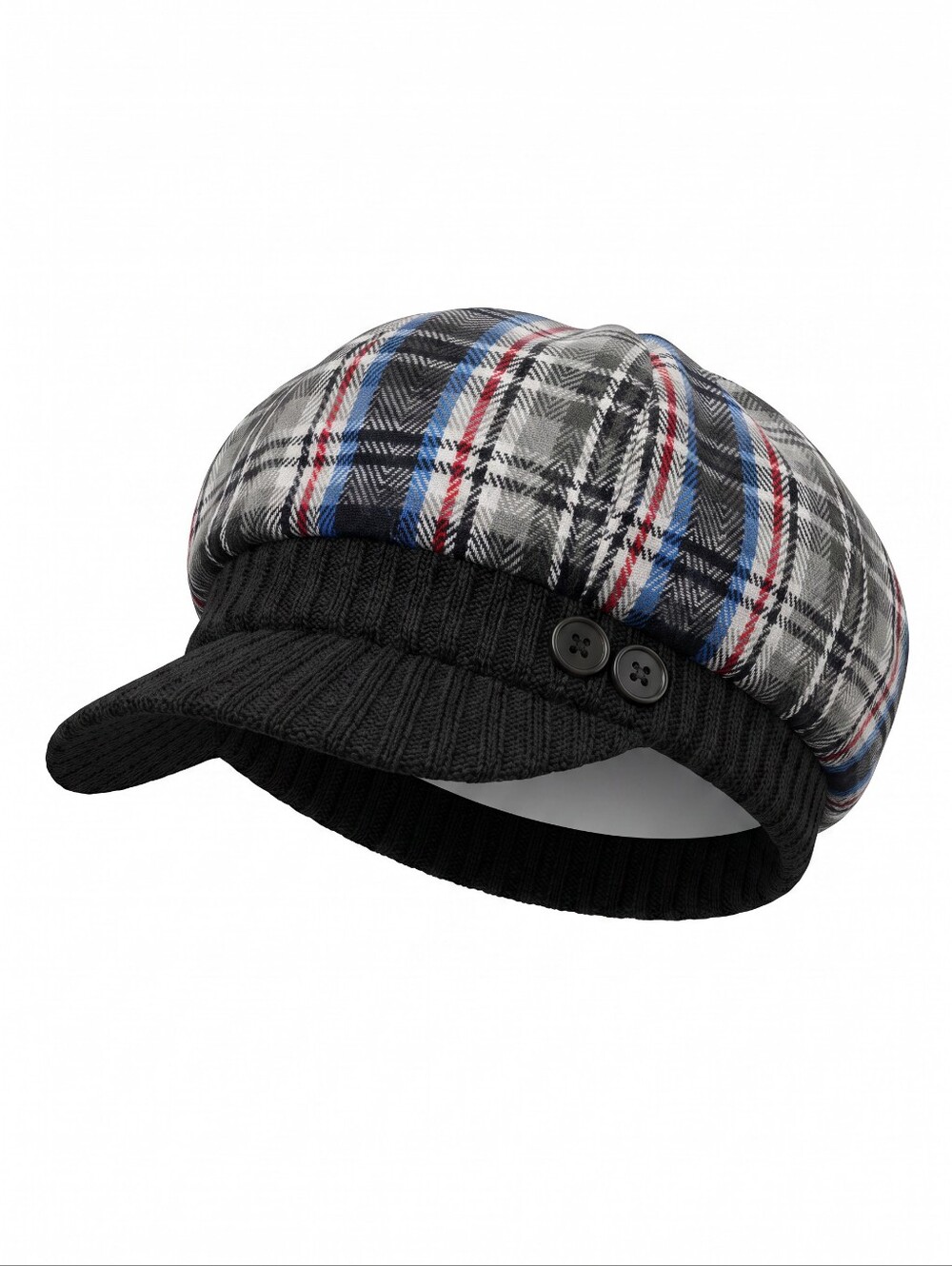 Plaid Newsboy Cap with Black Knit Brim Fitted Plaid Cozy Retro